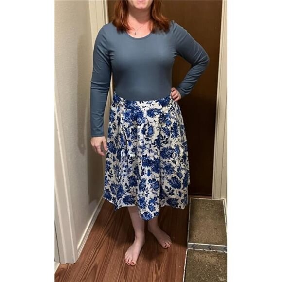 Womens Vintage Floral Pleated Midi Skirt High Waist A Line Skirt with Pockets - Picture 5 of 7